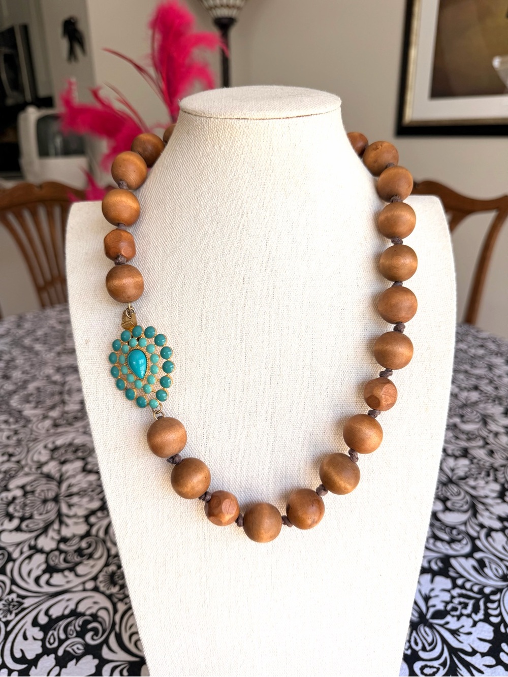 Wood Bead Turquoise Faux Stone Statement Necklace Boho 25”